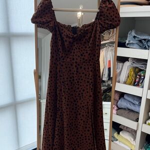 Elegant Long Sleeve Brown Polka Dot Dress